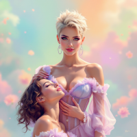 A vibrant illustration showcasing two women in elegant, playful attire, embodying confidence and intimacy, reflecting the diverse expressions of desire and identity in femdom culture.