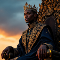 A regal figure sits on an ornate throne, dressed in rich, embroidered robes and a crown, embodying the essence of royal responsibility against a dramatic sunset backdrop.