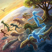 A vibrant scene depicting humanoids, reptiloids, fishoids, and blue shades running across a fantastical landscape, featuring a tree and a variety of creatures in a surreal setting.