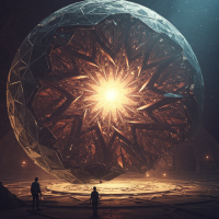 A glowing hyperspherical shell retracts, revealing a rapidly spinning blizzard of four-dimensional metallic edges as two figures observe a higher-dimensional tunnel emerging.