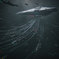 A massive mothership leads a fleet of 500 smaller crewed craft, all connected by fine, glowing holeworm threads stretching through space.