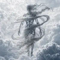 A translucent human figure made of flowing cloud-like gauze and a faint skeleton drifts through a sky filled with dense, swirling clouds.