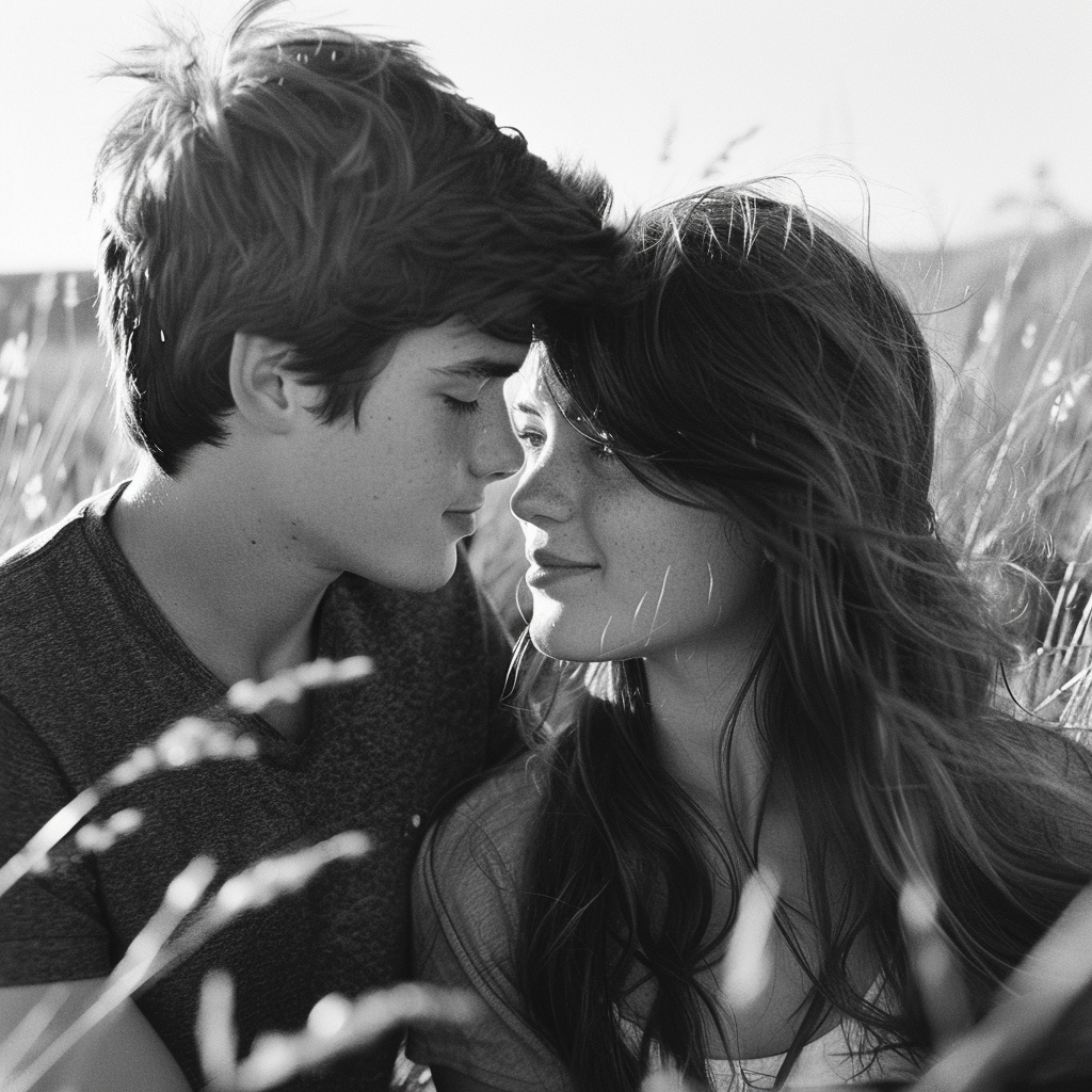 A young couple gazes lovingly at each other in a field of tall grass, evoking the essence of the quote, Young love, it’s a beautiful thing.