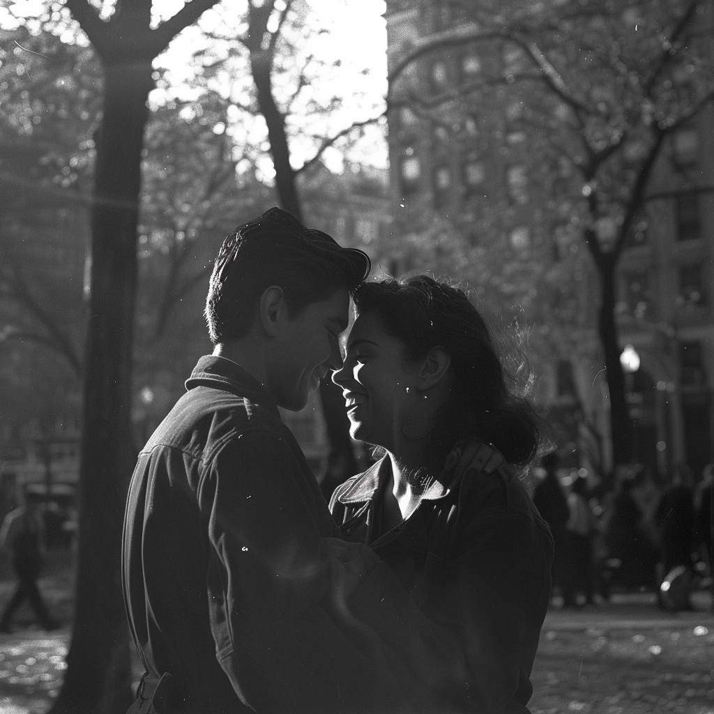 A young couple enjoys a tender moment, forehead to forehead, bathed in soft sunlight in a park, embodying the essence of young love.