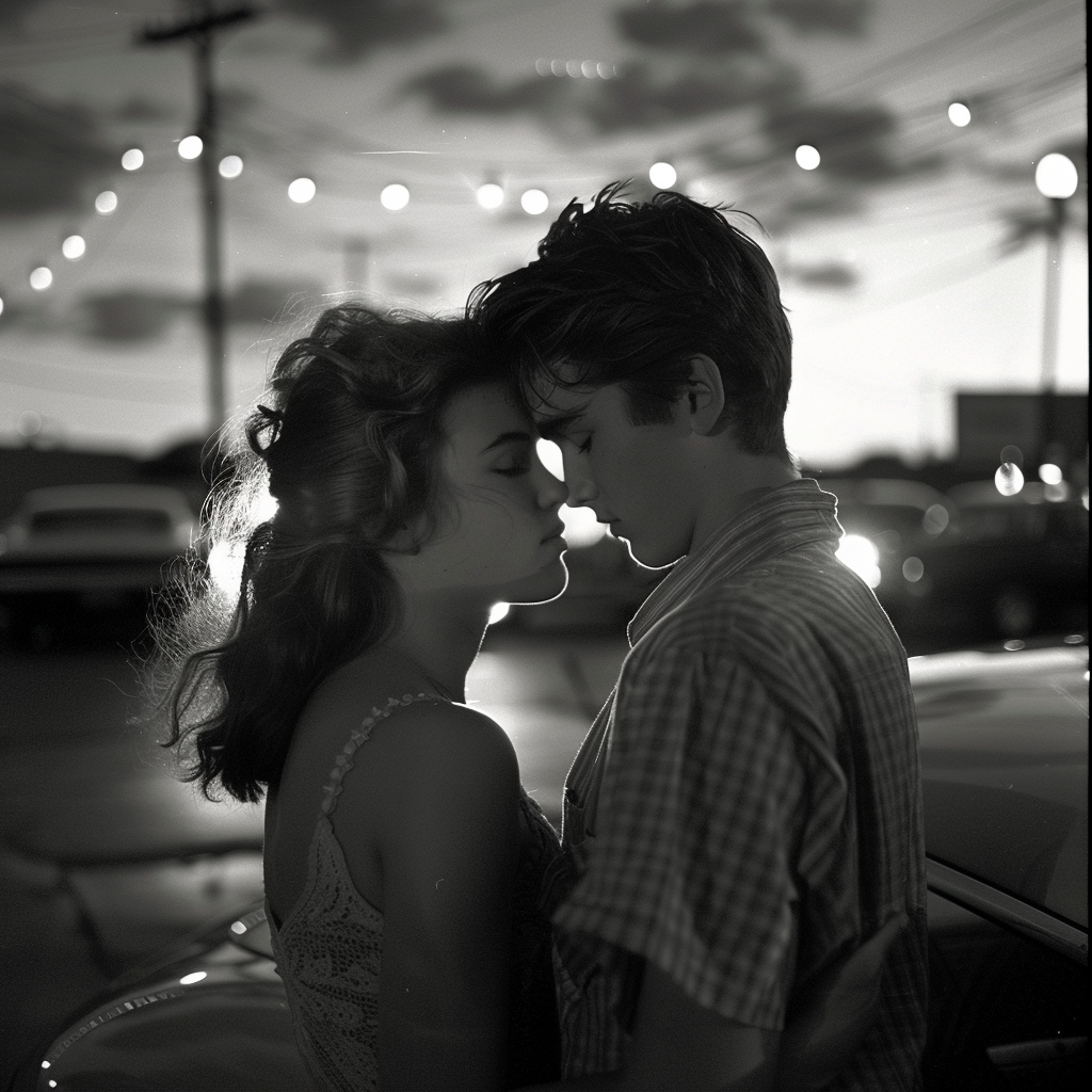 A black and white image of a young couple sharing an intimate moment, standing close together under string lights in a vintage outdoor setting, embodying the essence of young love.