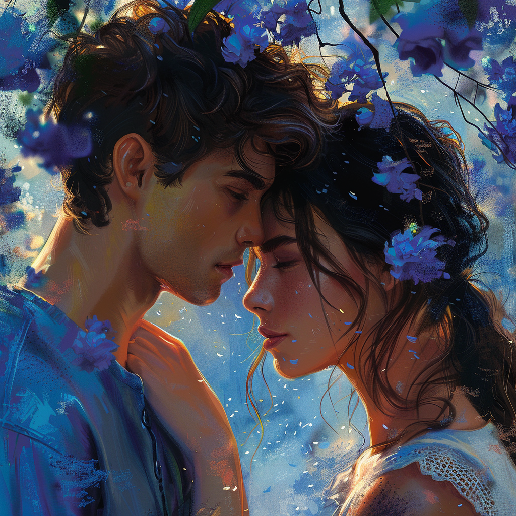 A young couple gently touch foreheads amidst a backdrop of blooming purple flowers, evoking the essence of young love as described in a book quote. Their eyes are closed, embracing a tender moment.