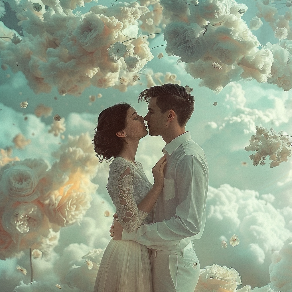 A young couple shares a tender kiss surrounded by surreal clouds and flowers, embodying the sentiment of Young love, it’s a beautiful thing.