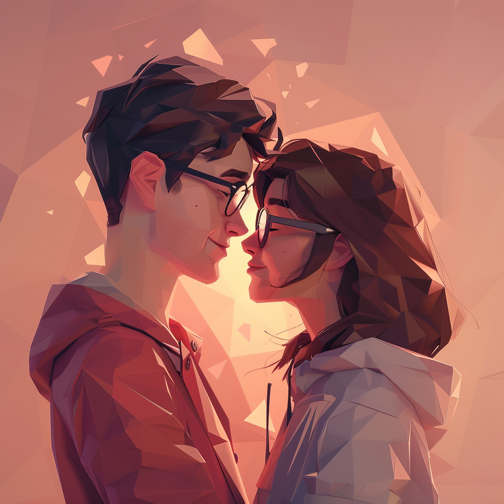 A stylized digital painting of a young couple standing close together, gazing into each other's eyes. This image, inspired by the book quote Young love, it’s a beautiful thing, captures their affection.