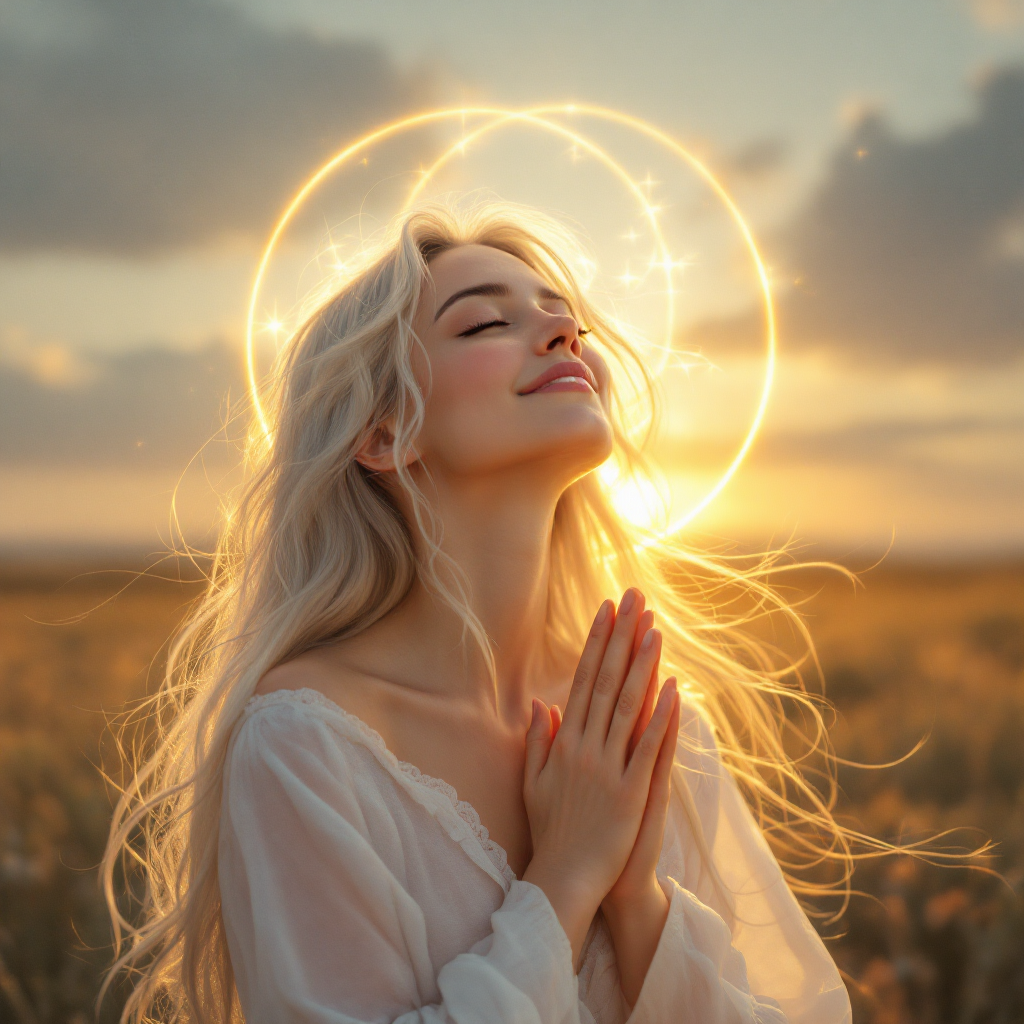 A serene woman with long, flowing hair stands in a sunlit field, hands clasped in gratitude. A glowing halo surrounds her, symbolizing comfort and warmth in moments of longing.