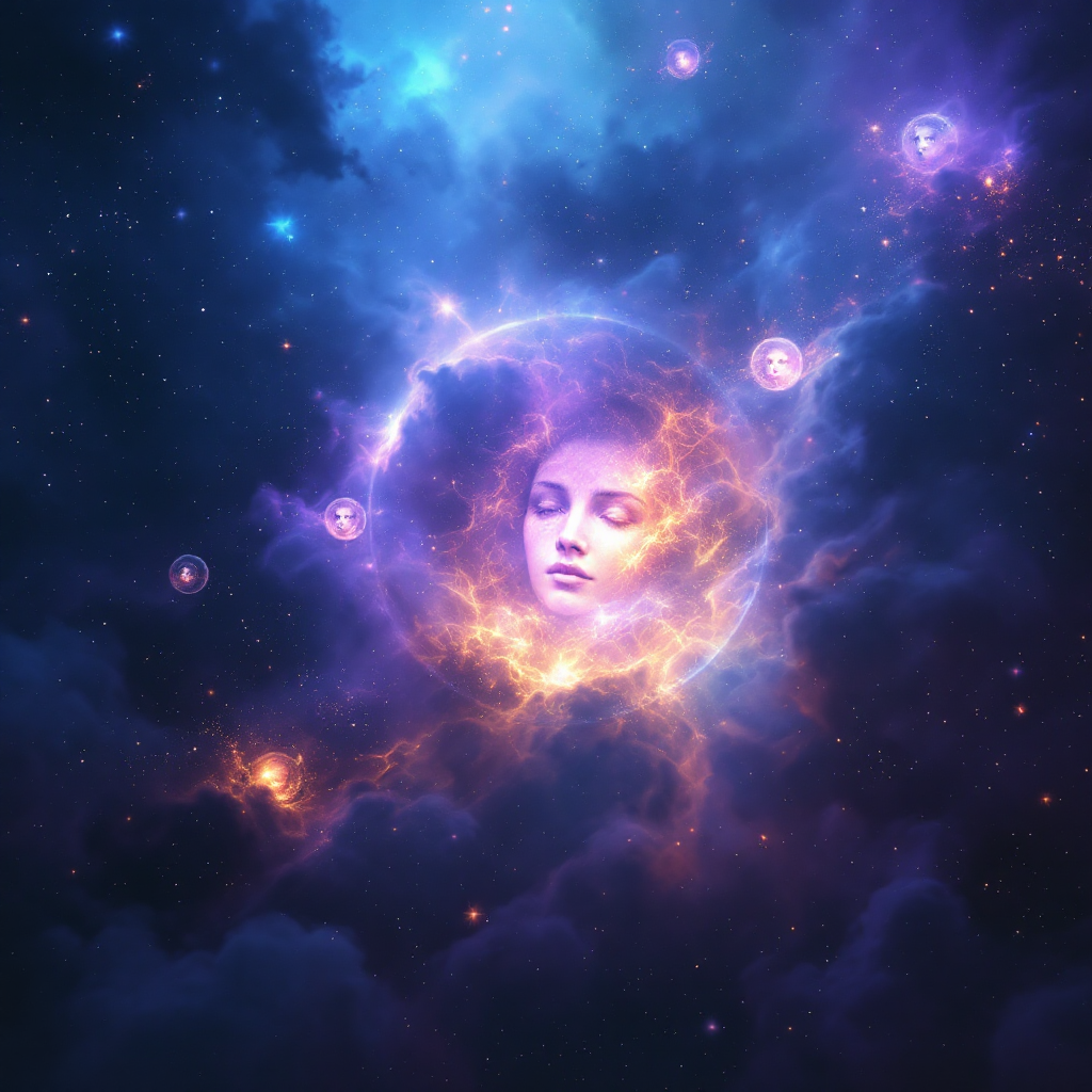 A celestial scene depicts a woman's face emerging from vibrant cosmic clouds, symbolizing the reflections of profound questions in the vast emptiness of space.