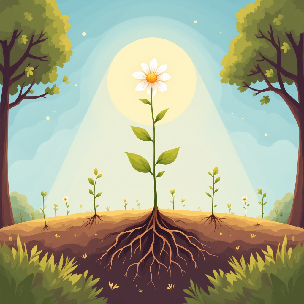 A vibrant flower stands tall amidst young plants, with roots extending outward, symbolizing the impact of kindness, under a warm sunlit sky framed by trees.