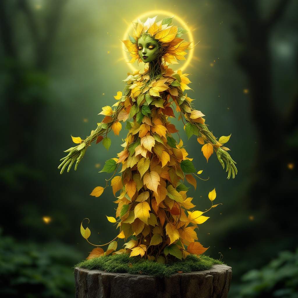 A mystical figure made of vibrant yellow leaves stands on a tree stump, illuminated by a glowing halo, embodying the spirit of taking a leap of faith in a lush forest setting.