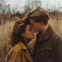 A young couple shares an intimate forehead touch in a field of tall, dried plants, evoking the sentiment of Young love, it’s a beautiful thing. 