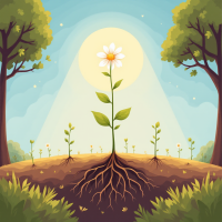 A vibrant flower stands tall amidst young plants, with roots extending outward, symbolizing the impact of kindness, under a warm sunlit sky framed by trees.