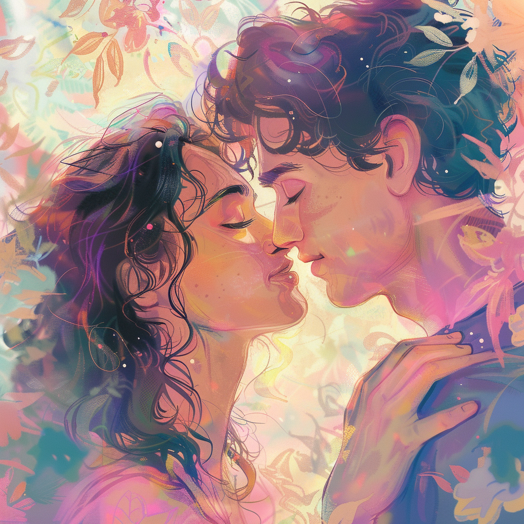 An illustration of a young couple in love, leaning in for a kiss, surrounded by a dreamy, colorful background with floral elements, inspired by the quote Young love, it’s a beautiful thing.