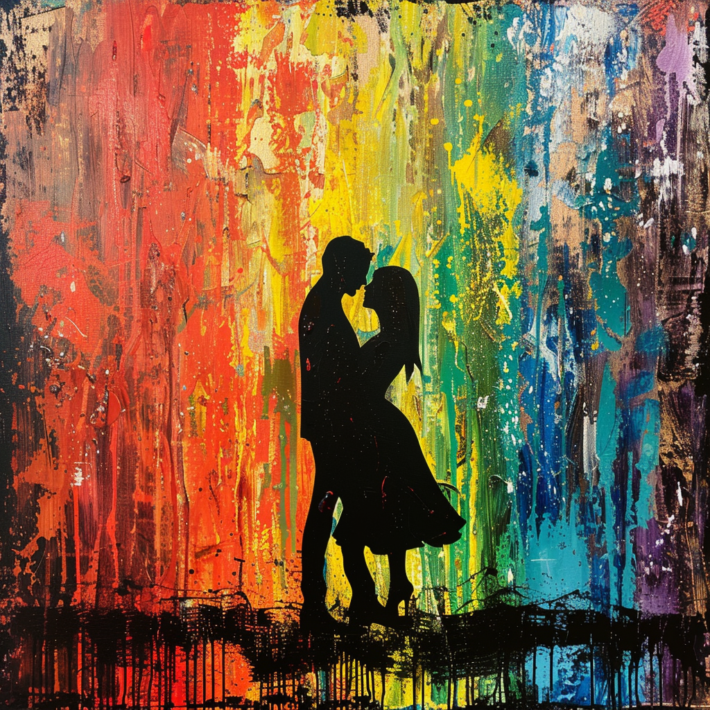 A silhouette of a couple kissing is set against a vibrant, rainbow-colored, abstract background, capturing the essence of young love.