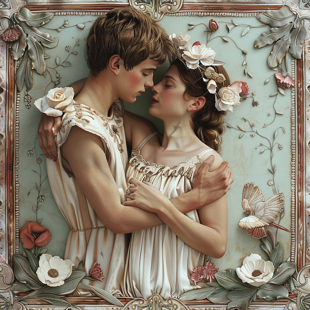 A young couple lovingly embrace, surrounded by floral decorations and butterflies, inspired by the book quote, Young love, it’s a beautiful thing.