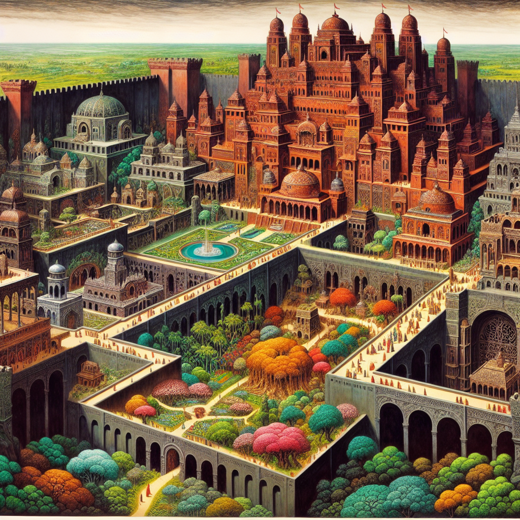 The image depicts the Palace of Erhenrang, featuring red, elaborate walls, numerous palaces, towers, gardens, courtyards, and small forests, capturing the grandeur and paranoia described.