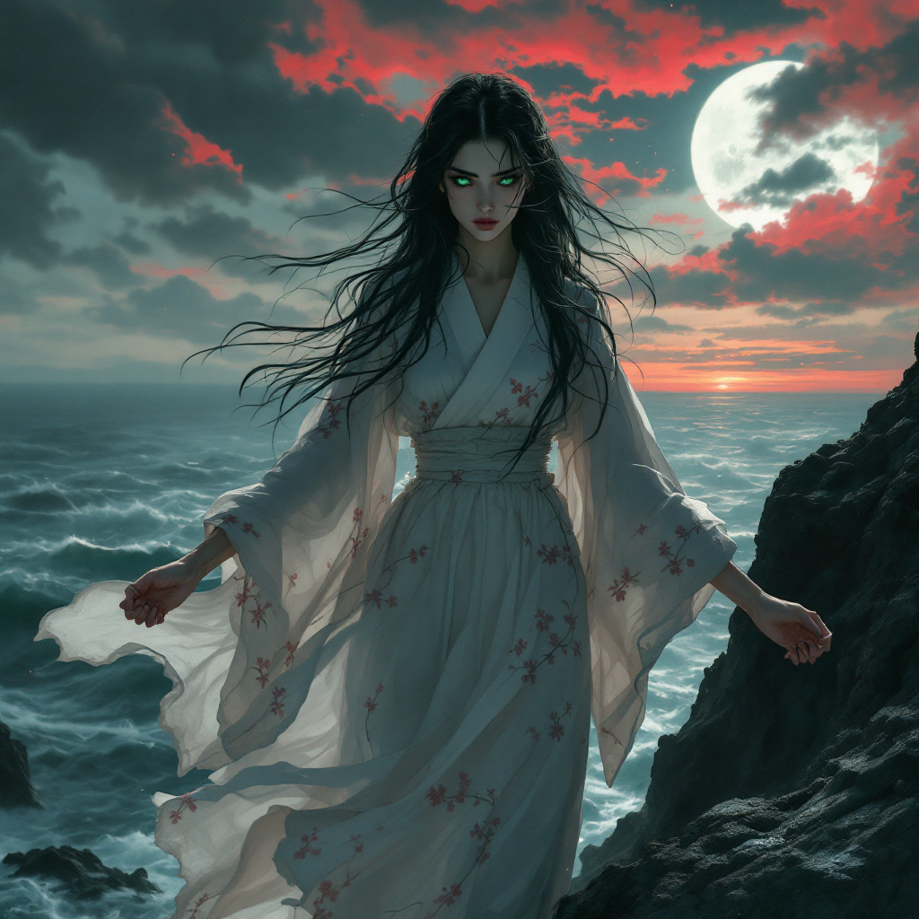 A figure in a flowing white robe stands on a rocky shore, hair billowing in the wind, as a moody sky with a full moon and red clouds reflects a journey from despair to strength.