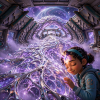 A bioluminescent crystalline structure with smoky lavender glow extends through a ship’s interior, its glassy, organic facets shifting and scintillating as a person gently touches it.