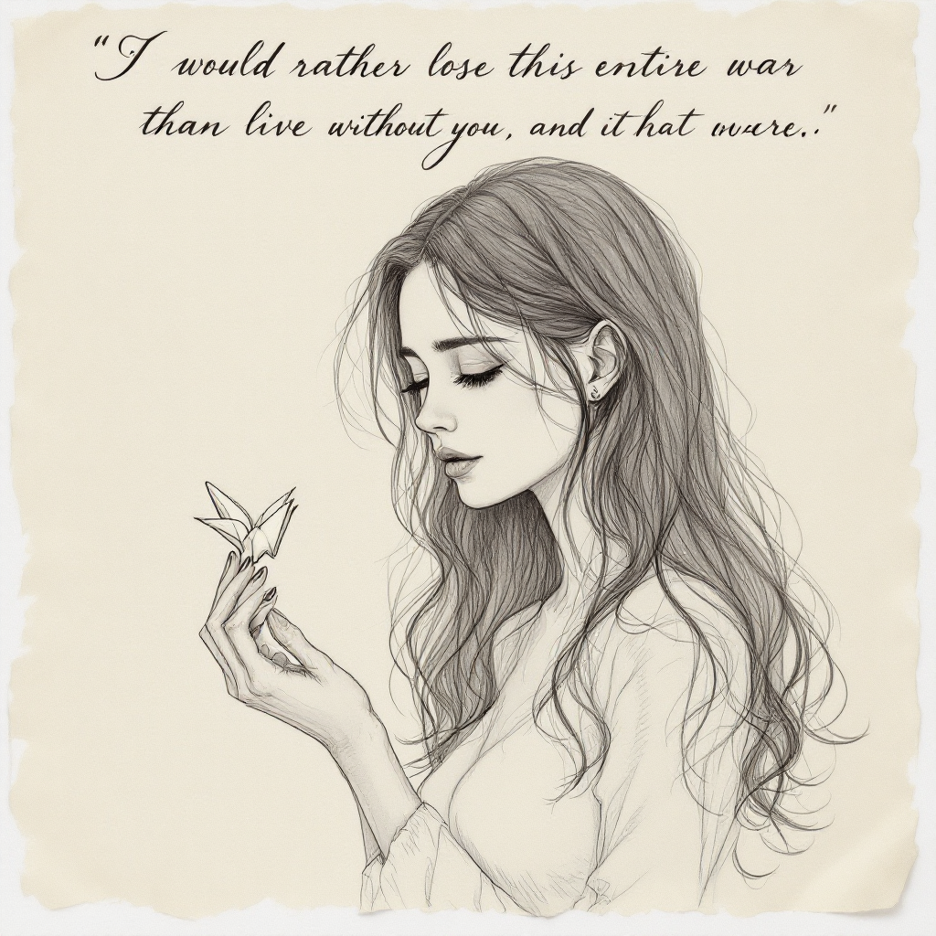 A woman gazes thoughtfully at a butterfly in her hand, with a quote above expressing deep love and a willingness to endure struggles for that love.