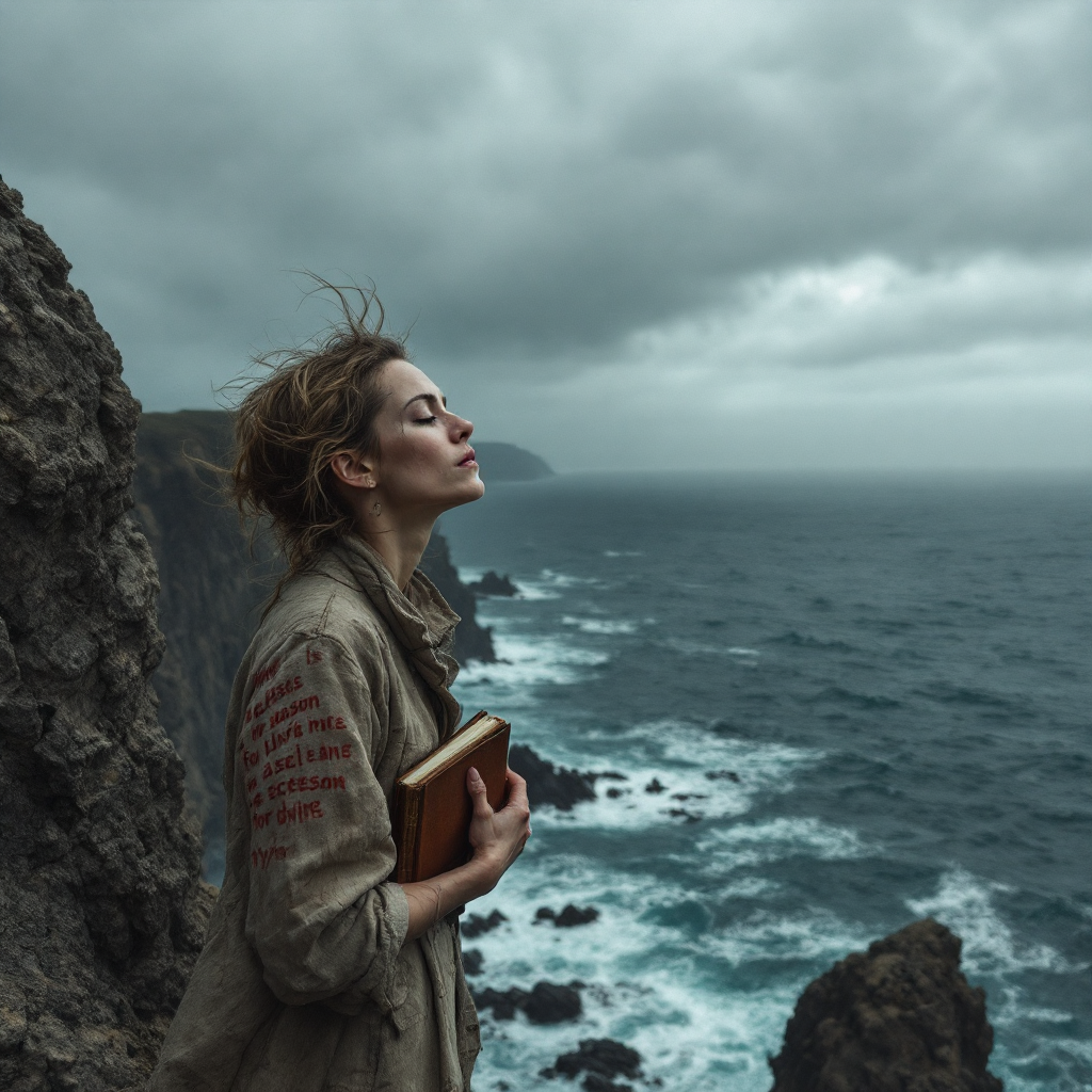 A woman stands on a rocky cliff by the turbulent sea, holding a book, with her eyes closed and hair tousled by the wind, embodying a deep contemplation of life's duality.