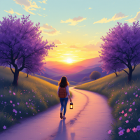 A serene landscape features a person walking along a winding path, illuminated by a lantern, as the sun sets behind purple trees, embodying the essence of connecting with others on life's journey.