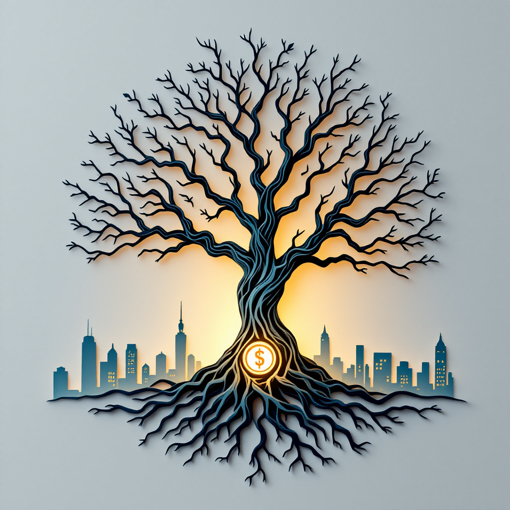 A stylized tree with sprawling roots intertwined with a city skyline, featuring a glowing dollar sign at its base, reflecting the quote about money and its impact on evil.