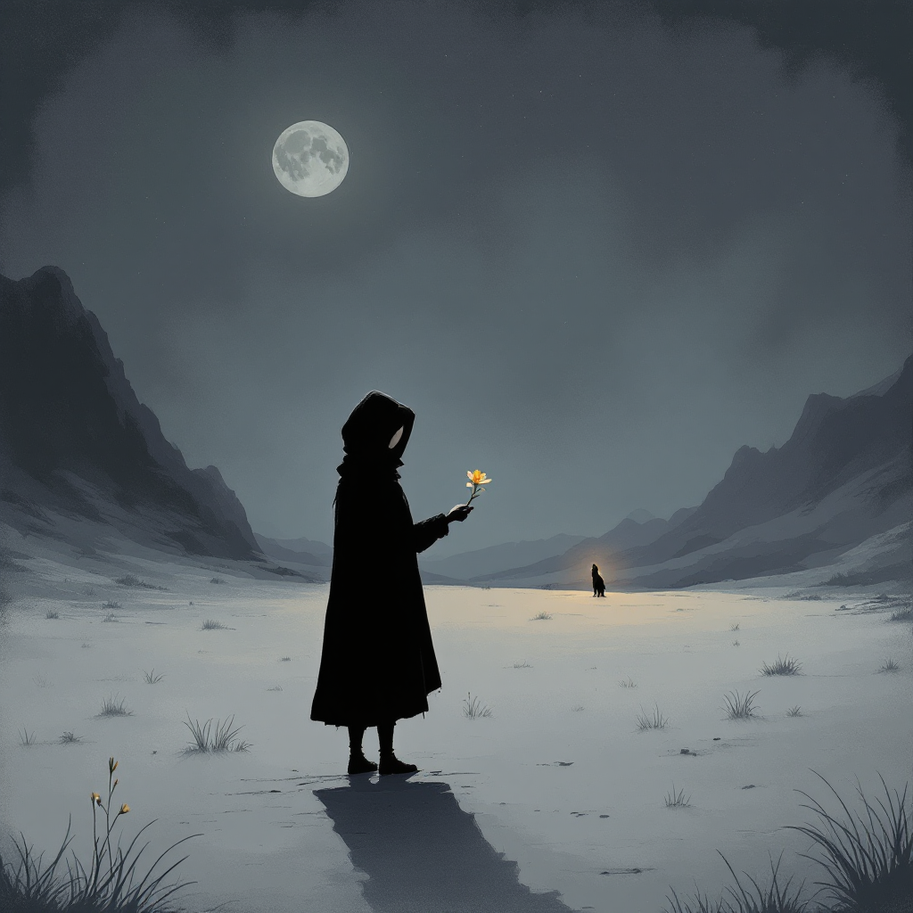 A figure in a dark cloak stands in a desolate landscape under a full moon, holding a flower. Shadows evoke a sense of despair, reflecting the quote about the true colors of kindness.