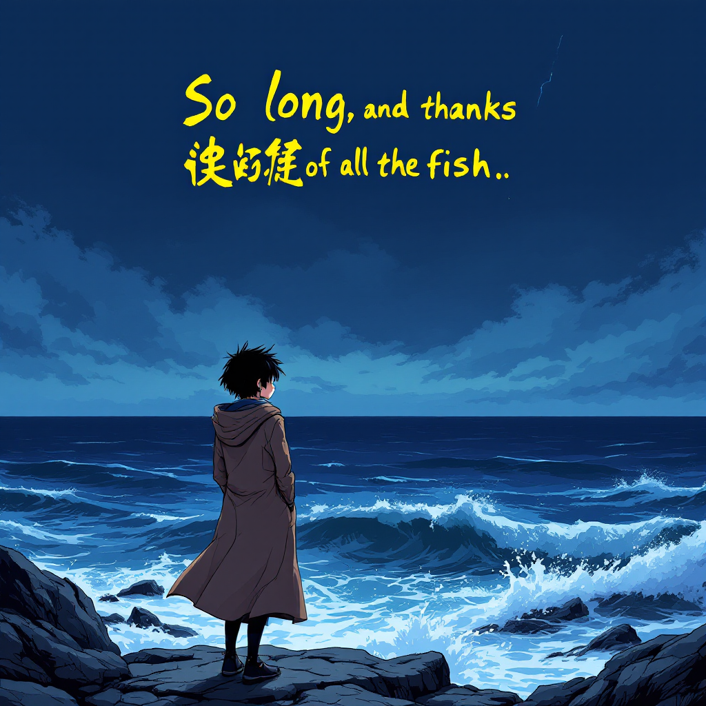 A lone figure stands on rocky shore under a dark sky, gazing at waves with the quote, So long, and thanks for all the fish, written above in English and Chinese.