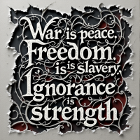 A stylized text design featuring the paradoxical phrases: War is peace. Freedom is slavery. Ignorance is strength, framed by intricate floral patterns against a dark background.