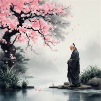 A serene scene depicting an elderly figure in a flowing robe, standing by a tranquil river under a blooming cherry blossom tree, evoking the feeling of time as a fleeting dream.