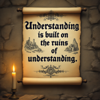 A vintage scroll against a stone wall displays the quote, Understanding is built on the ruins of misunderstanding, accompanied by a candle casting a warm glow.