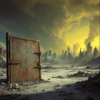 A rusted, heavy door stands alone on a barren, cracked landscape under a dark, aging sky with distant silhouettes of a decayed city skyline.