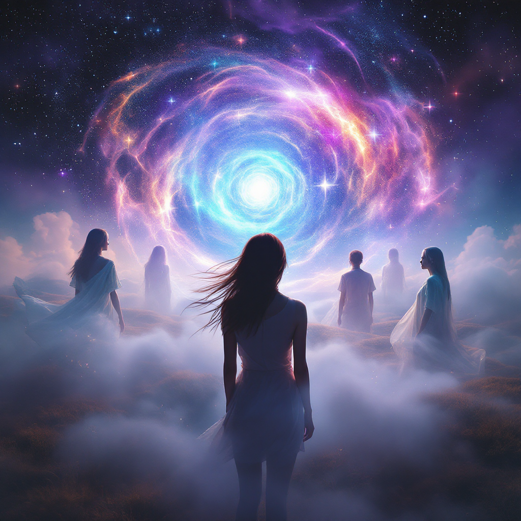 A silhouetted figure stands before a swirling vortex of vibrant colors, surrounded by hazy clouds and distant figures, symbolizing the interplay of past, present, and future as fleeting ghosts.