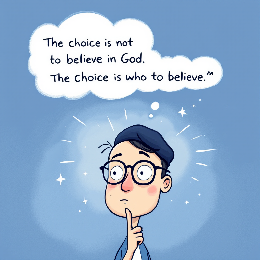 A thoughtful character with glasses contemplates the quote, The choice is not to believe in God. The choice is who to believe, against a soft blue background.