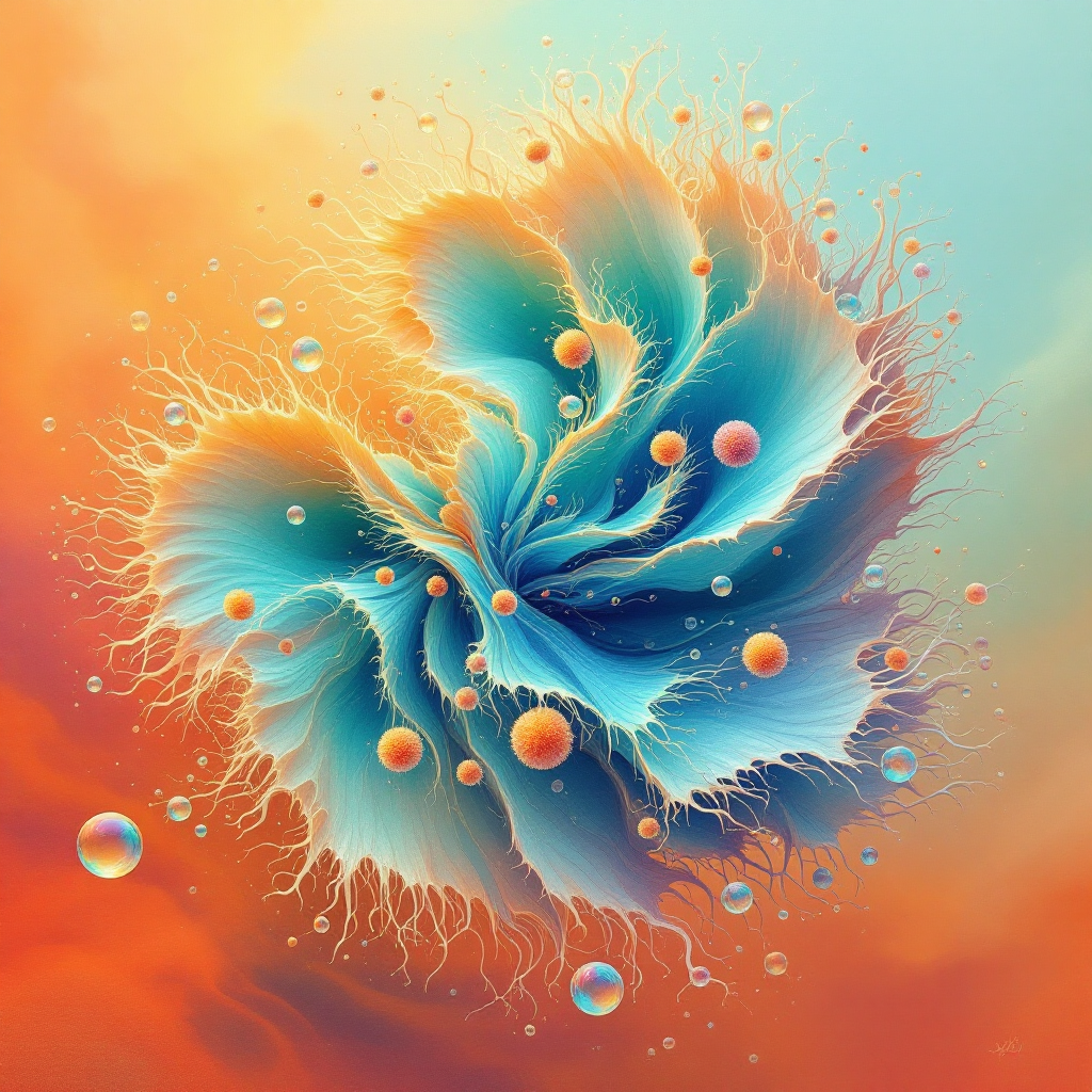 A vibrant, abstract representation of a swirling formation, blending shades of blue and orange, surrounded by floating orbs, symbolizing change and evolution in life.