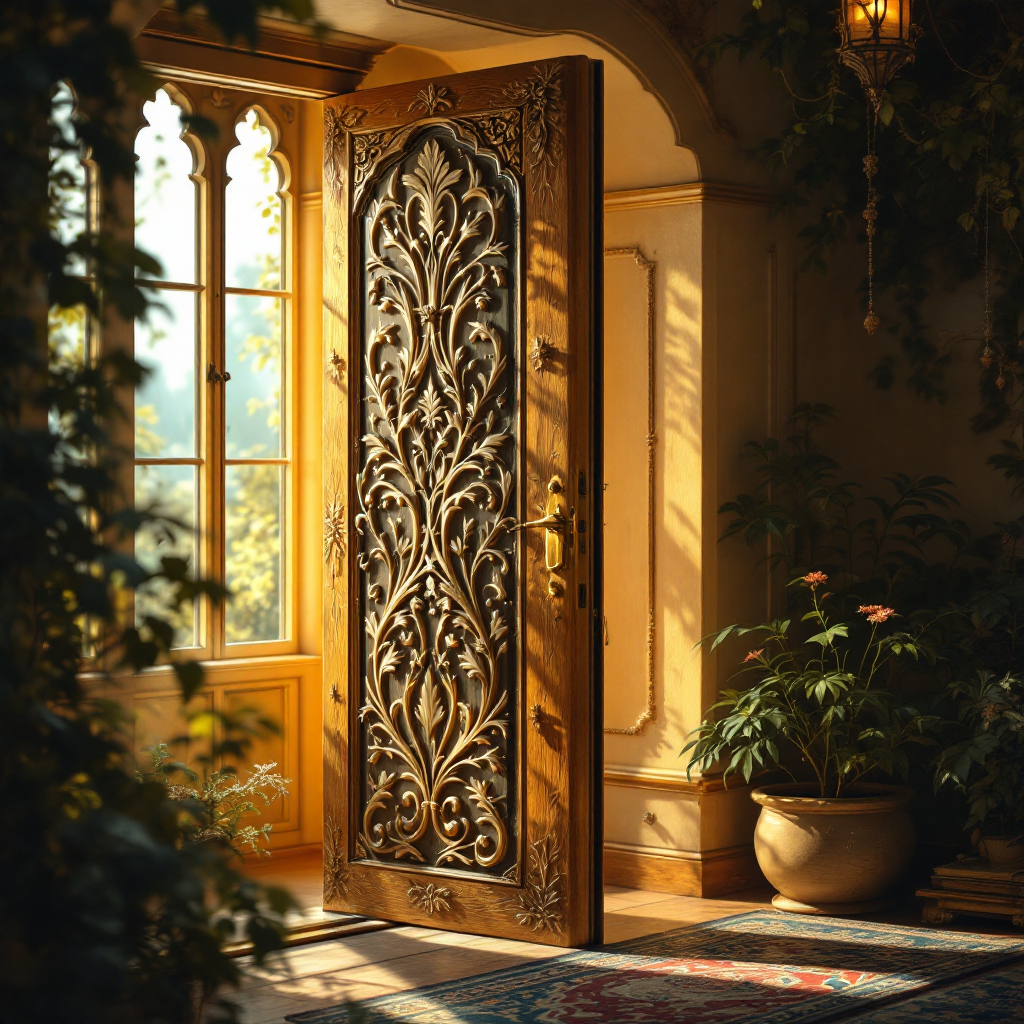 A beautifully carved wooden door stands ajar, bathed in warm light, inviting nature and warmth inside, embodying the sentiment that home is a feeling, not just a place.