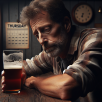 A weary man in a plaid shirt slouches over a beer, appearing deep in thought. A wall calendar behind him reads Thursday, reflecting the book quote, 'This must be Thursday,' said Arthur to himself.