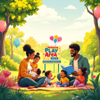 A diverse group of young parents joyfully interacts with their children in a vibrant park, surrounded by trees and balloons, under a sign that says Inclusive Play Area, emphasizing community and belonging.