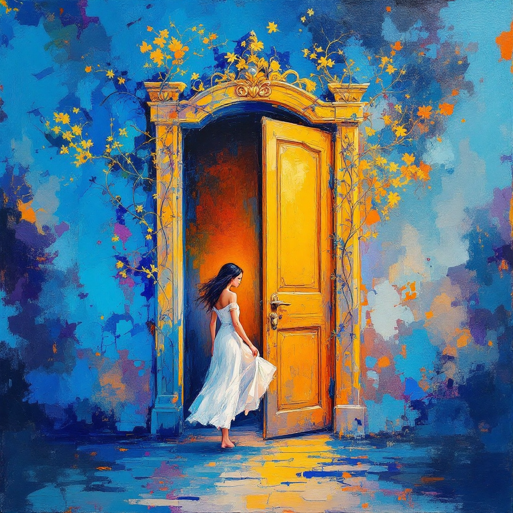 A woman in a flowing white dress steps through a vibrant, open yellow door, surrounded by a backdrop of blue and splashes of orange, symbolizing new beginnings and journeys.