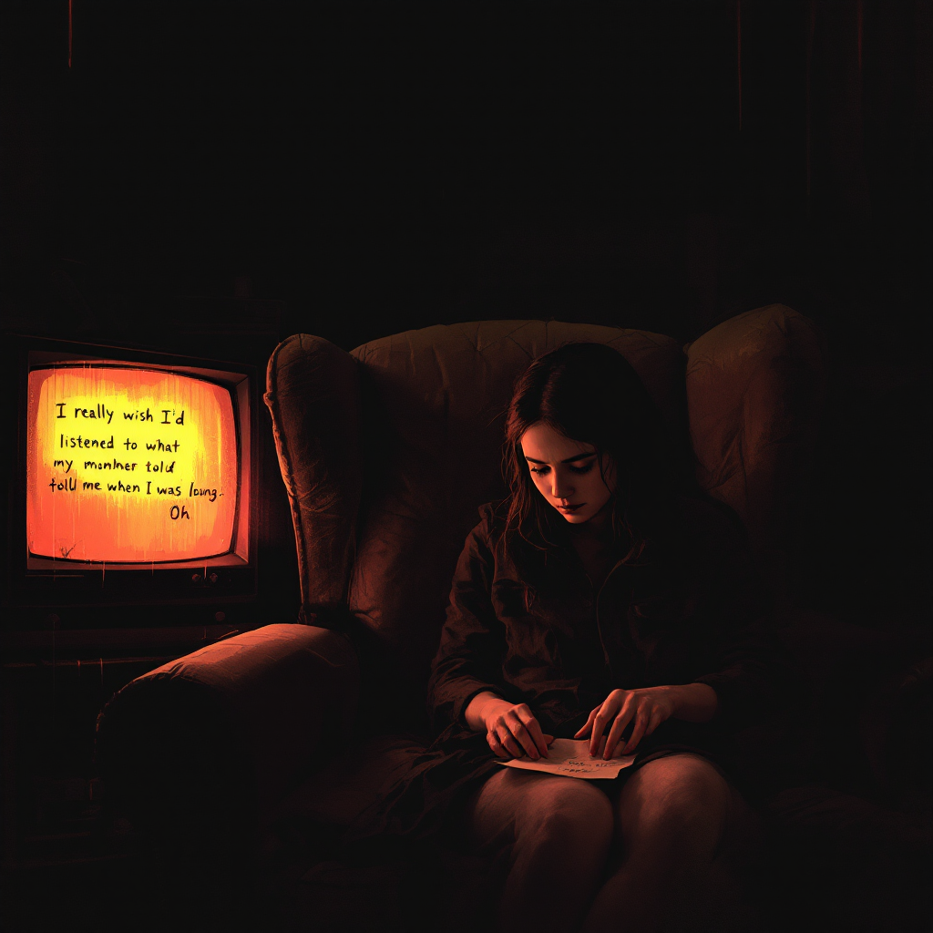 A young woman sits in a dimly lit room, writing in a notebook. Beside her, an old television displays the quote about regret and the importance of listening to one's mother.