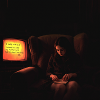 A young woman sits in a dimly lit room, writing in a notebook. Beside her, an old television displays the quote about regret and the importance of listening to one's mother.