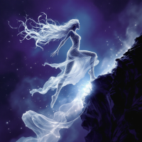 A luminous figure in flowing garments leaps from a rocky edge into a starry abyss, embodying the spirit of taking a leap into the unknown.