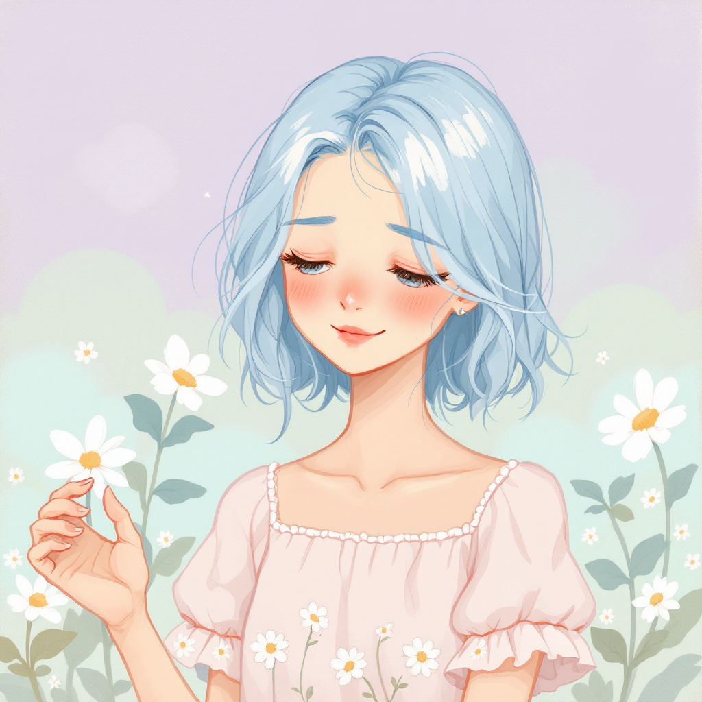 A dreamy illustration of a girl with light blue hair and a soft smile, standing amidst daisies, embodying a sense of serene hope despite the quote, Hope is so stupid.