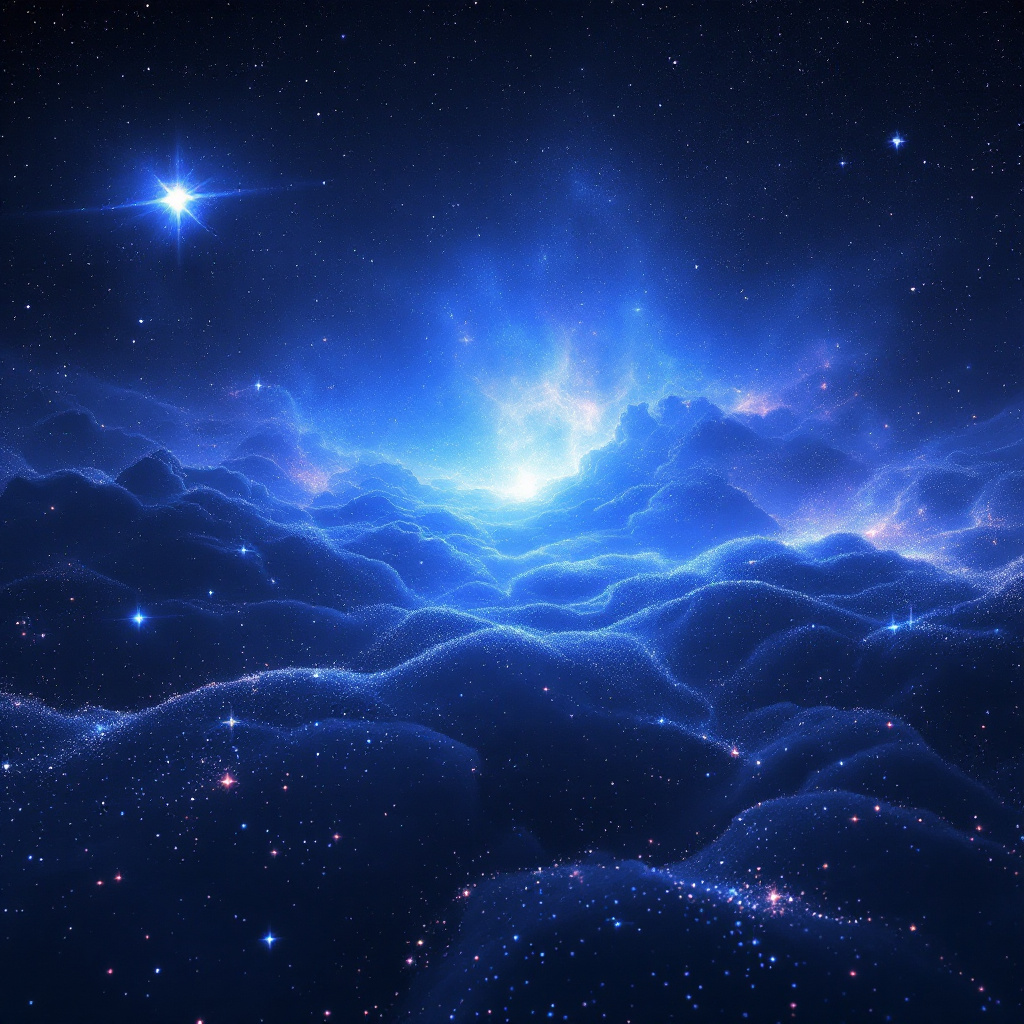 A cosmic landscape of swirling blue light and deep darkness, evoking the concept of unspace—the profound emptiness underlying the universe. Stars twinkle in the vast expanse.