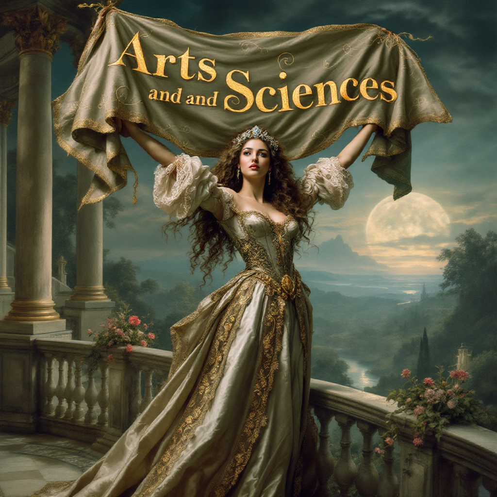 A woman in an ornate gown holds a banner that reads Arts and Sciences, set against a scenic backdrop with a moonlit landscape, embodying the union of creativity and knowledge.