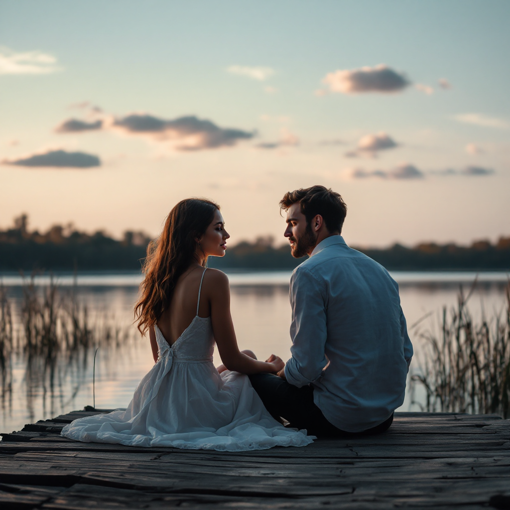 A couple sits close together on a dock, gazing at each other with the serene lake and gentle twilight in the background, embodying the subtle rhythms of conversational intimacy.