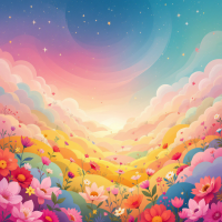 A vibrant landscape filled with colorful flowers and rolling hills under a dreamy sky, evoking feelings of joy and warmth, reflecting the quote, You are in all of my happiest places.