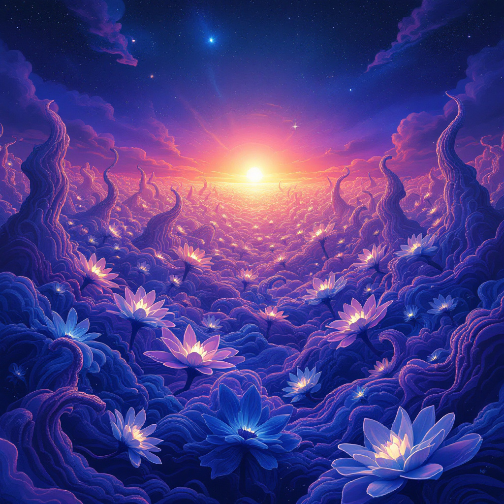 A vibrant scene of purple clouds and luminous flowers stretches toward a glowing horizon, capturing the essence of a sky that feels infinite and profound.